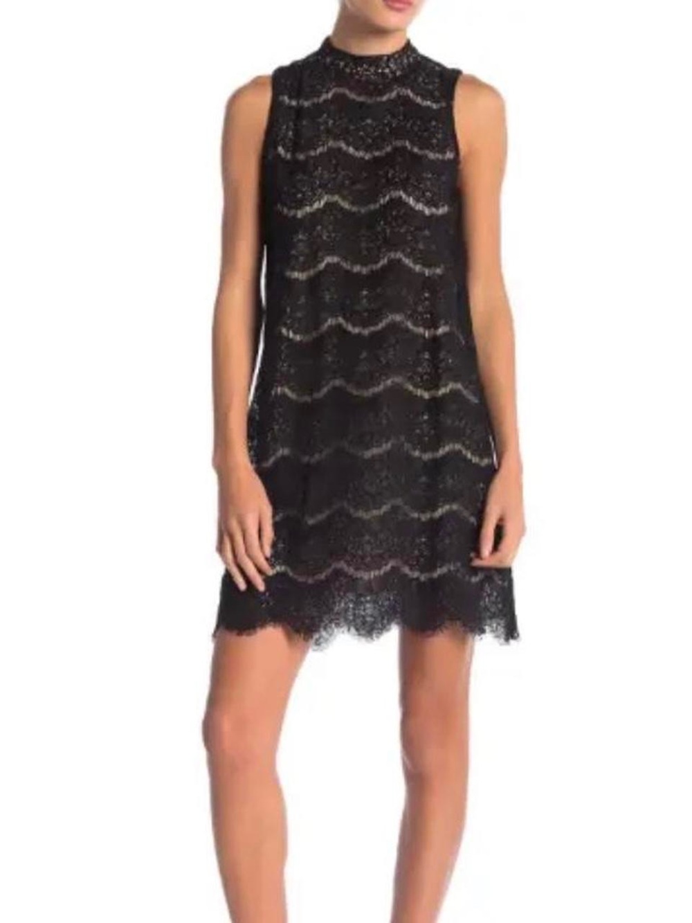 Love Fire Scallop Lace Mock Neck Shift Dress Black Nude M